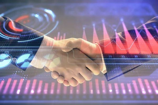 Multi exposure of business graph on abstract background with two men handshake. Concept of success — Stock Photo, Image