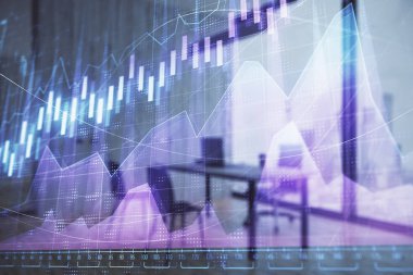 Minimalist kabine iç arka plan ile iş teması grafik hologram. Çift pozlama. Hisse senedi piyasası konsepti.