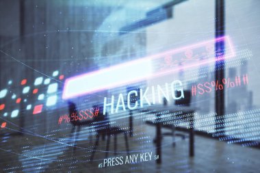 Minimalist kabine iç arka plan ile siber korsanlık hologram. Çift pozlama. Hacking kavramı.