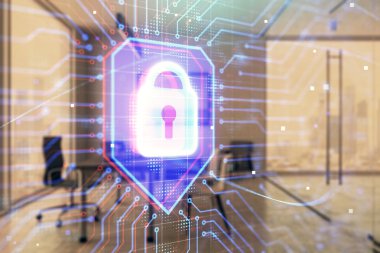 minimalist dolap iç arka plan ile kilit işareti hologram. Çifte pozlama. Veri güvenliği kavramı.