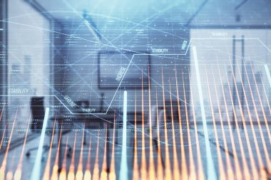 Minimalist kabine iç arka plan ile iş teması grafik hologram. Çift pozlama. Hisse senedi piyasası konsepti.