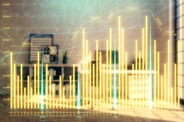 Minimalist kabine iç arka plan ile Forex grafik hologram. Çift pozlama. Hisse senedi piyasası konsepti.