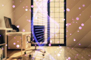 Minimalist dolap iç arka plan ile DNA hologramı. Çifte pozlama. Eğitim kavramı.