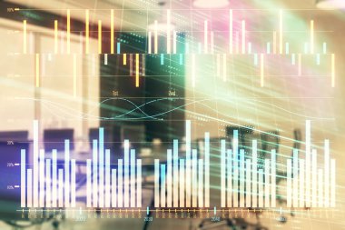 Konferans odası arka planda Forex çizelgesine çift pozlama. Hisse senedi piyasası analizi konsepti