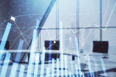 Konferans odası arka planda Forex çizelgesine çift pozlama. Hisse senedi piyasası analizi konsepti