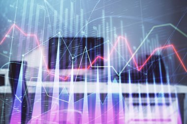 Hisse senedi piyasası grafik ve masaüstü ofis bilgisayar arka plan. Çok pozlama. Finansal analiz konsepti.