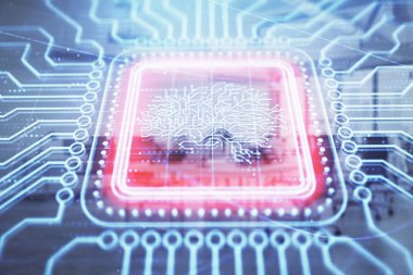 Arka planda ofis iç ile insan beyni çizim. Çift pozlama. Yenilik konsepti.