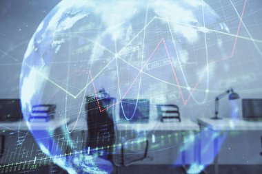 Stok ve tahvil piyasa grafik ve arka planda ticaret masası banka Ofisi İç ile dünya haritası. Çok pozlama. Uluslararası Finans konsepti