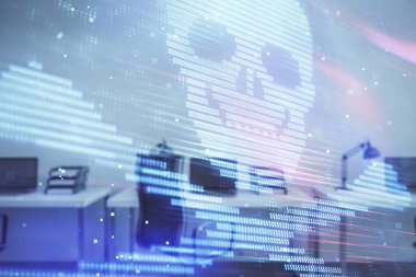 Arka planda ofis iç ile Hacking Tema hologram. Çift pozlama. Siber korsanlık kavramı