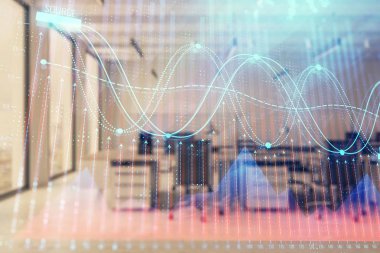 Ticaret masası banka ofisi iç arka planda stok piyasa şeması. Çift pozlama. Finansal analiz konsepti