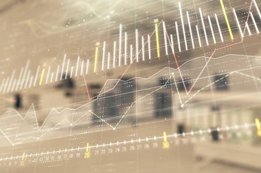 Ticaret masası banka ofisi iç arka planda stok piyasa şeması. Çift pozlama. Finansal analiz konsepti