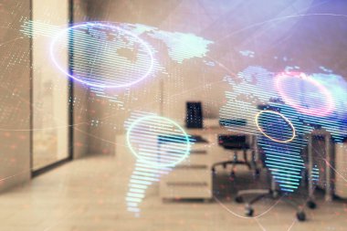 Arka planda ticaret masası banka ofisi iç dünya haritası. Çoklu pozlama. Uluslararası finans kavramı