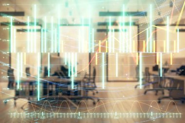 Ticaret masası banka ofisi iç arka planda stok piyasa şeması. Çift pozlama. Finansal analiz konsepti