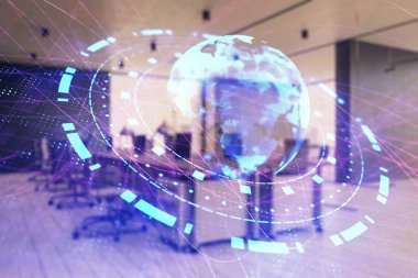 Arka planda ticaret masası banka ofisi iç dünya haritası. Çoklu pozlama. Uluslararası finans kavramı