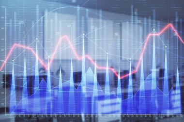 Ticaret masası banka ofisi iç arka planda stok piyasa şeması. Çift pozlama. Finansal analiz konsepti