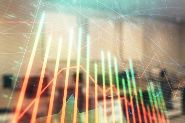 Ticaret masası banka ofisi iç arka planda stok piyasa şeması. Çift pozlama. Finansal analiz konsepti