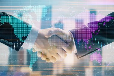 İki işadamı el sıkışması ile Cityscape arka planda mali grafik ve Dünya haritasına çift pozlama. Uluslararası yatırım konsepti