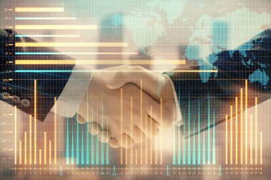 İki işadamı el sıkışması ile Cityscape arka planda mali grafik ve Dünya haritasına çift pozlama. Uluslararası yatırım konsepti