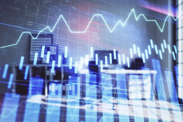 Minimalist kabine iç arka plan ile Forex grafik hologram. Çift pozlama. Hisse senedi piyasası konsepti.