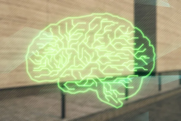 Double exposure of brain sketch hologram on empty exterior background. big data concept