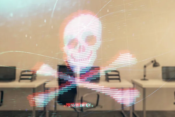 Hacking theme hologram with office interior on background. Double exposure. Concept of cyber piracy