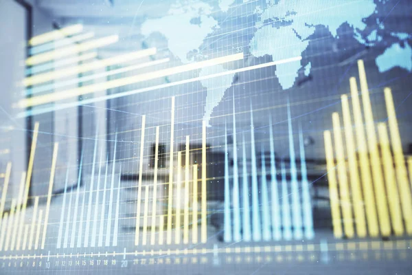 Stock and bond market graph and world map with trading desk bank office interior on background. Multi exposure. Concept of international finance