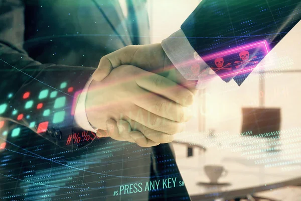 Double exposure of hacking theme hologram on office background with two men handshake. Concept of data security — Stock Photo, Image