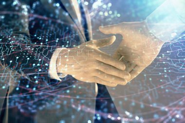 İki erkek el sıkışma ile soyut arka plan üzerinde teknoloji çizim çift pozlama. Modern iş dünyasında teknoloji kavramı