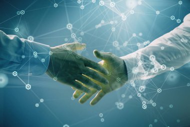 İki erkek el sıkışma ile soyut arka plan üzerinde teknoloji çizim çift pozlama. Modern iş dünyasında teknoloji kavramı