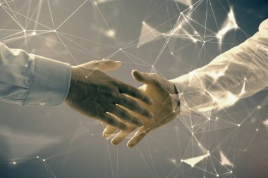 İki erkek el sıkışma ile soyut arka plan üzerinde teknoloji çizim çift pozlama. Modern iş dünyasında teknoloji kavramı