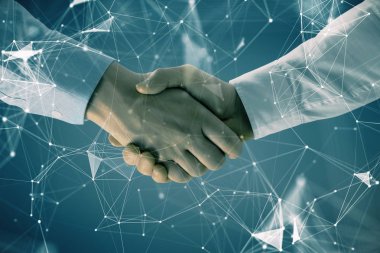 İki erkek el sıkışma ile soyut arka plan üzerinde teknoloji çizim çift pozlama. Modern iş dünyasında teknoloji kavramı