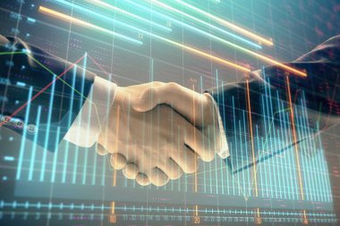 İki işadamı el sıkışması ile soyut arka planda Forex grafik Multi pozlama. Hisse senedi piyasasında başarı kavramı
