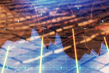 Soyut arka plan ile finansal grafik hologram. Çift pozlama. Piyasa Analizi konsepti