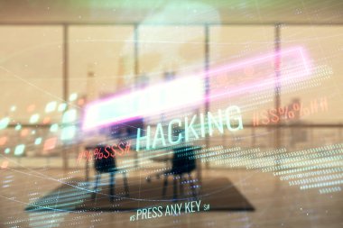 Minimalist kabine iç arka plan ile siber korsanlık hologram. Çift pozlama. Hacking kavramı.