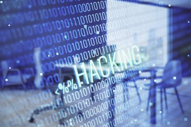 Minimalist kabine iç arka plan ile siber korsanlık hologram. Çift pozlama. Hacking kavramı.