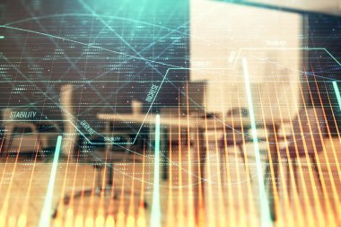 Minimalist kabine iç arka plan ile iş teması grafik hologram. Çift pozlama. Hisse senedi piyasası konsepti.