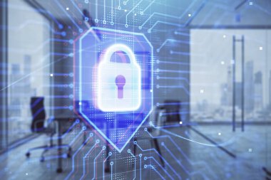 minimalist dolap iç arka plan ile kilit işareti hologram. Çifte pozlama. Veri güvenliği kavramı.