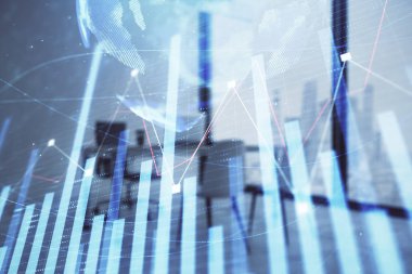 Harita ve minimalist kabine iç arka plan ile Forex grafik hologram. Çifte pozlama. Uluslararası iş kavramı.