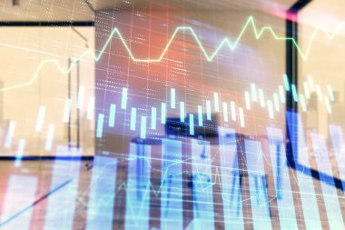Minimalist kabine iç arka plan ile Forex grafik hologram. Çift pozlama. Hisse senedi piyasası konsepti.