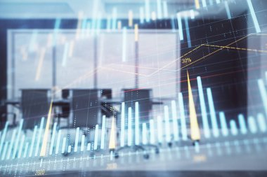 Konferans odası arka planda Forex çizelgesine çift pozlama. Hisse senedi piyasası analizi konsepti