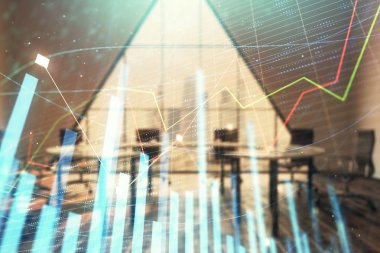Konferans odası arka planda Forex çizelgesine çift pozlama. Hisse senedi piyasası analizi konsepti