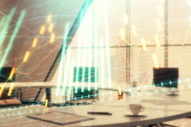 Konferans odası arka planda Forex çizelgesine çift pozlama. Hisse senedi piyasası analizi konsepti