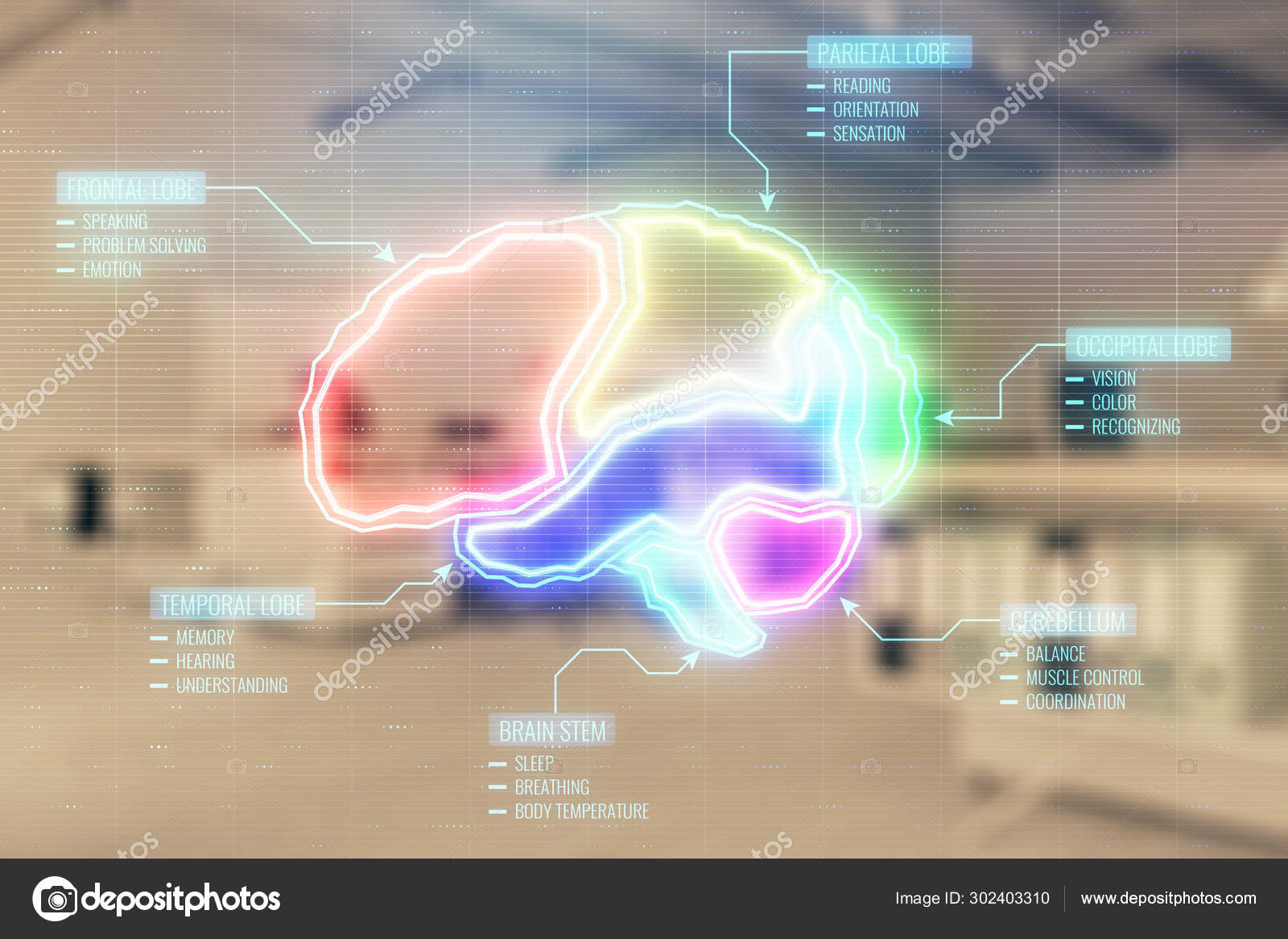 Brain Icon Hologram With Office Interior On Background