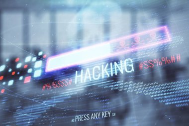 Arka planda ofis iç ile Hacking Tema hologram. Çift pozlama. Siber korsanlık kavramı
