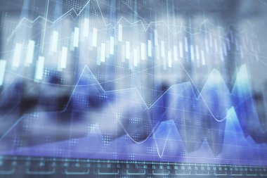 Arka planda ticaret masası banka Ofisi İç ile stok ve tahvil piyasa grafiği. Çok pozlama. Finansal analiz konsepti