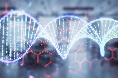 Arka planda ofis iç ile DNA çizim. Çifte pozlama. Eğitim kavramı