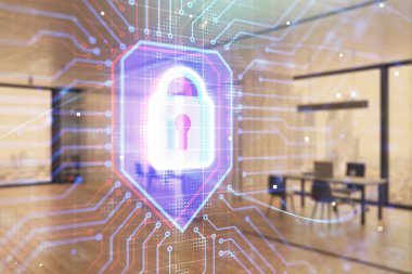 Arka planda ofis iç ile çizim kilit simgesi. Çift pozlama. Veri güvenliği kavramı