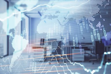 Stok ve tahvil piyasa grafik ve arka planda ticaret masası banka Ofisi İç ile dünya haritası. Çok pozlama. Uluslararası Finans konsepti