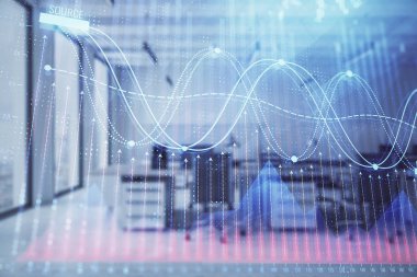 Arka planda ticaret masası banka Ofisi İç ile stok ve tahvil piyasa grafiği. Çok pozlama. Finansal analiz konsepti