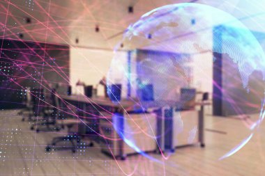 Arka planda ticaret masası banka ofisi iç dünya haritası. Çoklu pozlama. Uluslararası finans kavramı